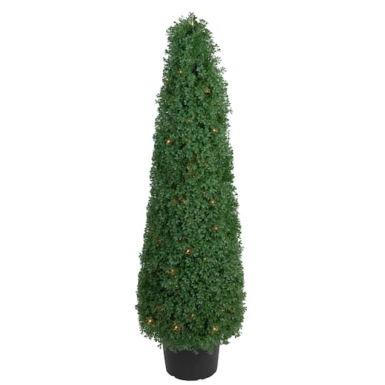 4Ft Pre-Lit Artificial Boxwood Cone Topiary Tree with Round Pot, Clear Lights By Northlight in Green | 48" x 14" | Michaels®